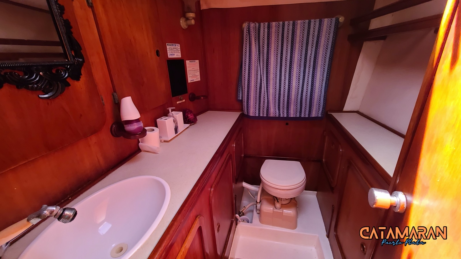 A bathroom inside the catamaran